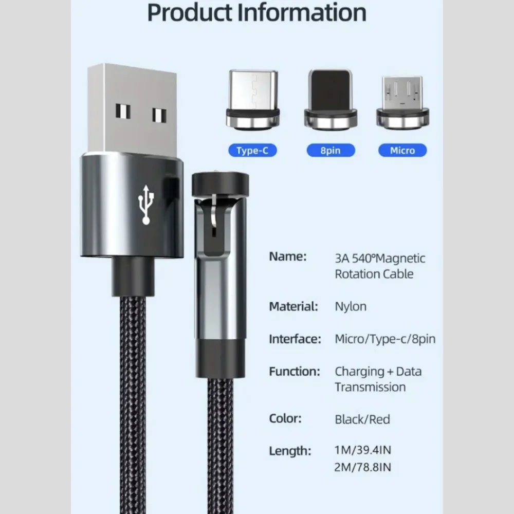 1x Black Magnetic Charging / Data Cable with 3x Charger Heads 540° Rotation